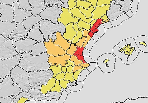 Aemet weather alert map for Valencia.