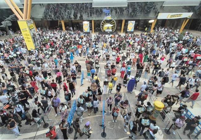 The crowded courtyard, entering the exhibition hall in an orderly fashion.