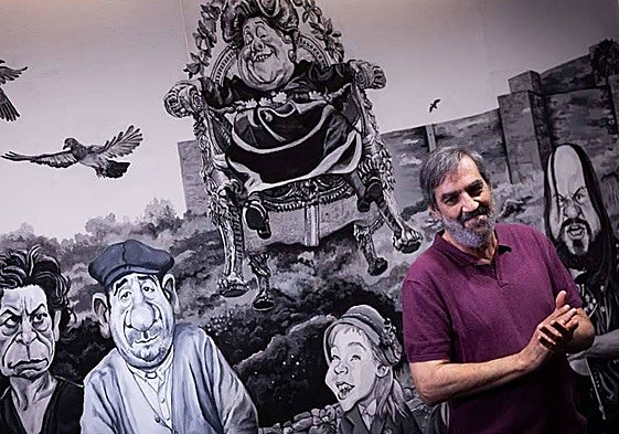 Ángel Idígoras, surrounded by the caricatures of Terele Pávez, Alfredo Landa, Rafael Aparicio, Marisol and Santiago Segura.