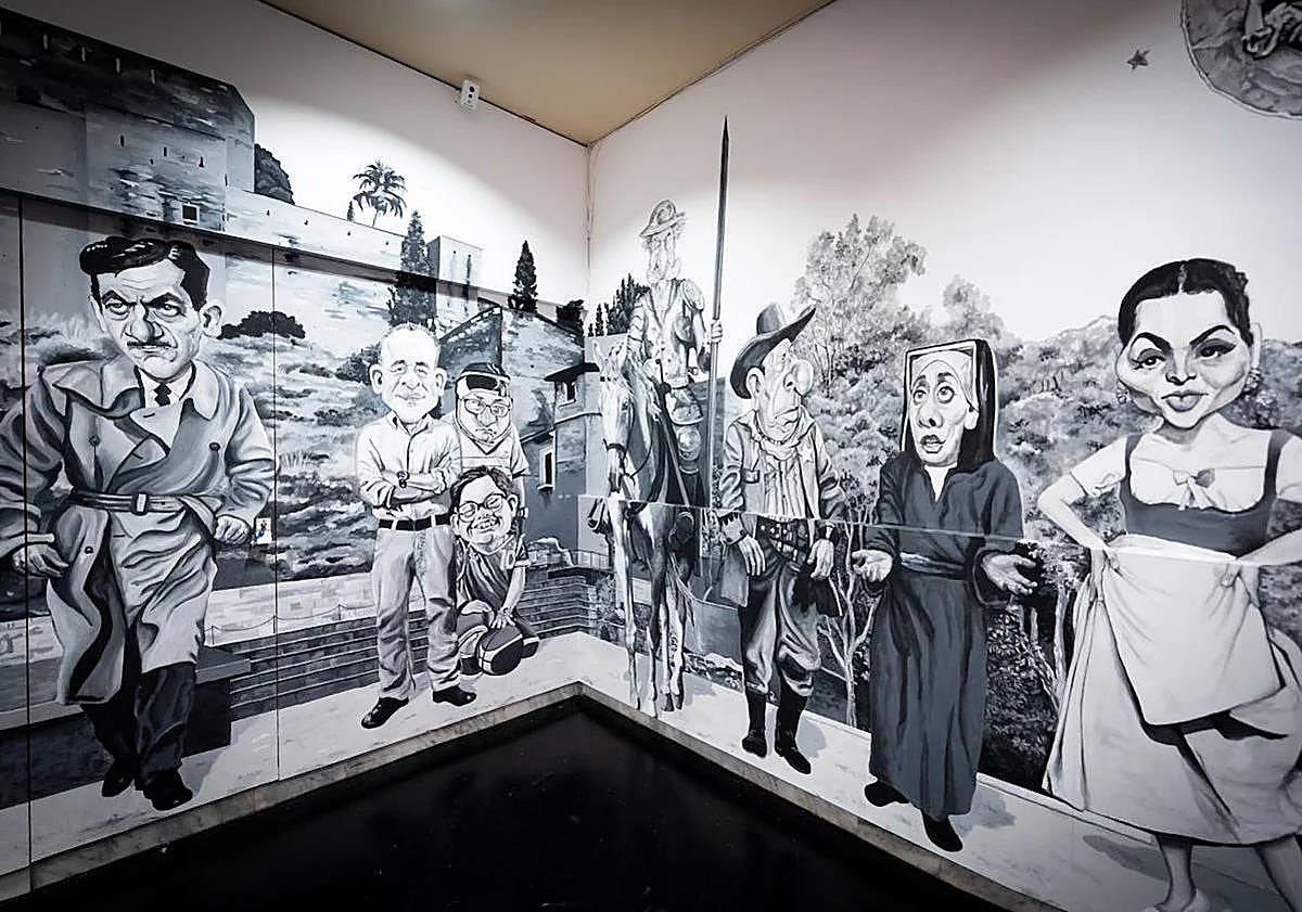 Imagen principal - Malaga artist completes huge mural at city cinema, a journey through the history of Spanish film in 35 movies