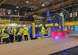 Symbolic cutting of sheet metal on Wednesday at Appledore shipyard in England