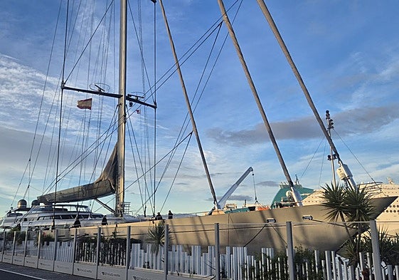 The sailing yacht M5 in the megayacht marina of the port of Malaga.