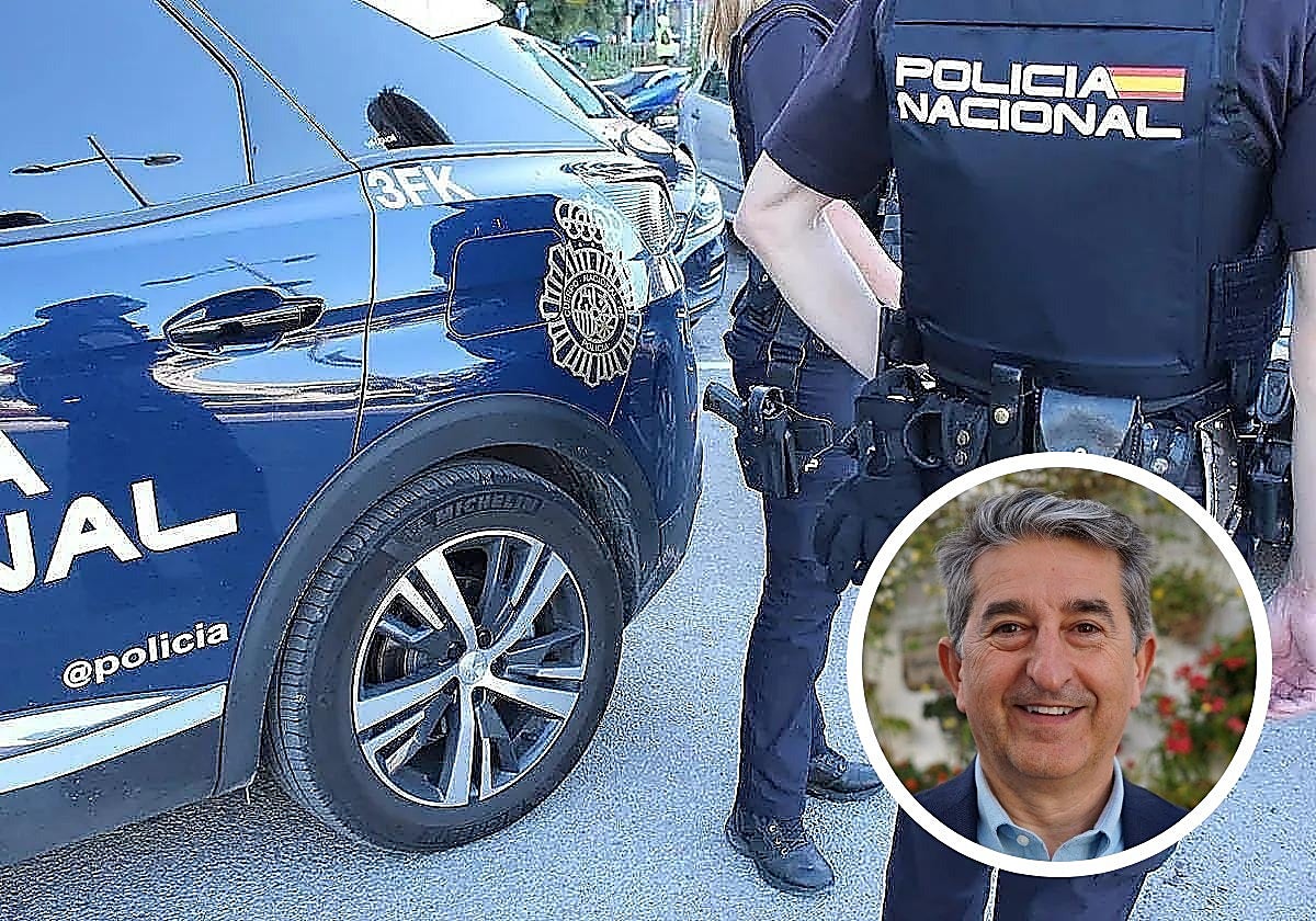 National Police officers on duty. Inset photo of Miguel Vázquez, former PP councillor of Coín arrested in Operation Gargamel.