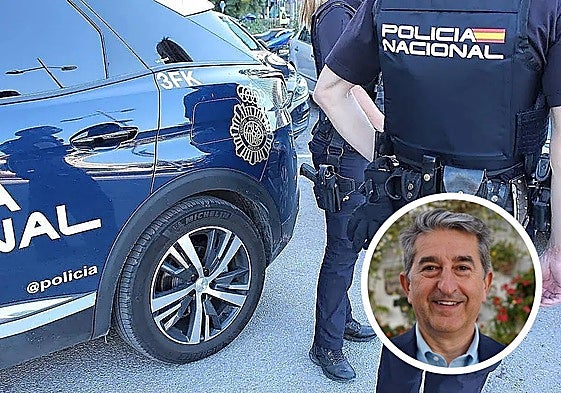 National Police officers on duty. Inset photo of Miguel Vázquez, former PP councillor of Coín arrested in Operation Gargamel.
