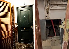 On the left, the entrance to the meter room, located right next to a flat; on the right, the hole in which the body was found.