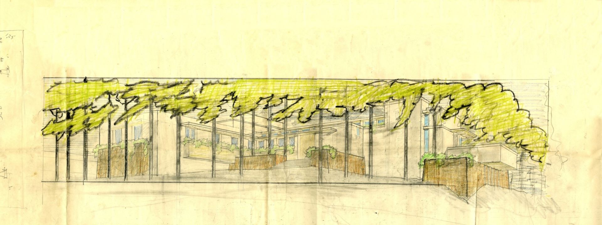 Sketch by Robert Mosher of Casa Lange, the first house he built in Spain, specifically in El Limonar, and protected by the Junta de Andalucía.