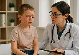 A doctor attending to a child with measles.