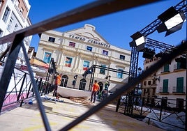 Preparations under way outside Malaga's Cervantes theatre.