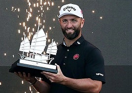 Rahm celebrates his long-awaited victory in Hong Kong.