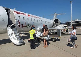 Passengers boarding an Iberia plane at Almeria airport.