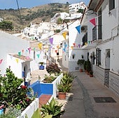 Street with flowerpots that can be stolen these days in Moclinejo.