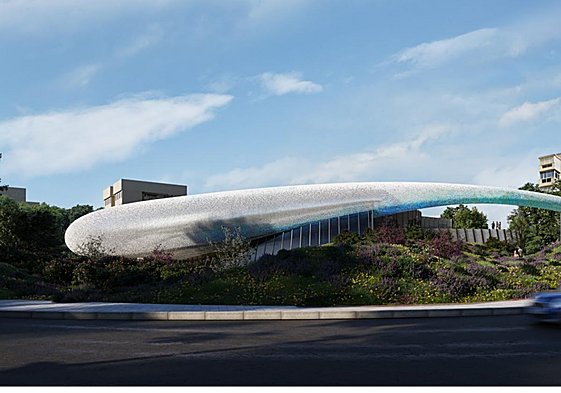 The design of the future centre, shaped like a drop of water.