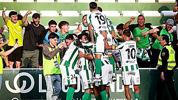 The Antequera players celebrate the winning goal with their fans.