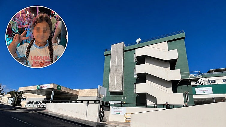 Image of the Hospital Comarcal de la Axarquía and at the top, the little girl who died, Analía Cortés Castro, aged five.