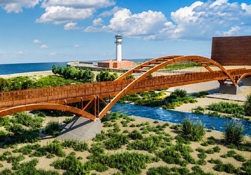 A digital image of what the future wooden footbridge at the mouth of the River Torrox will look like