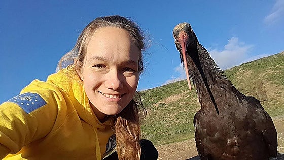 The northern bald ibis bird Ingrid with her adoptive mother Helena Wehner in the town of Cártama.