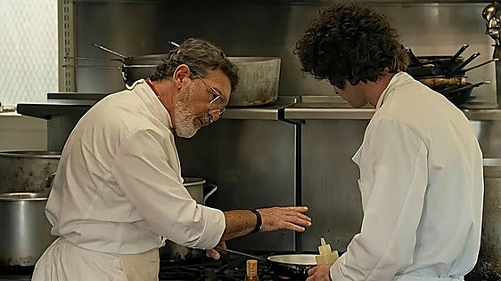 Antonio Banderas and Dominic Sessa filming a scene of the Tony biopic at the El Pimpi restaurant in Malaga.