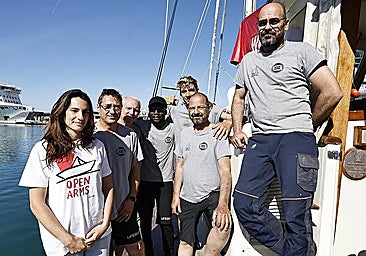 Crew and volunteers of the Open Arms humanitarian mission at the Port of Malaga.