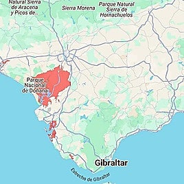 Map of Andaluc'ia with the areas flooded in 2011, according to Climate Central.