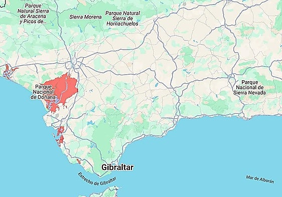 Map of Andalucía with the areas flooded in 2011, according to Climate Central
