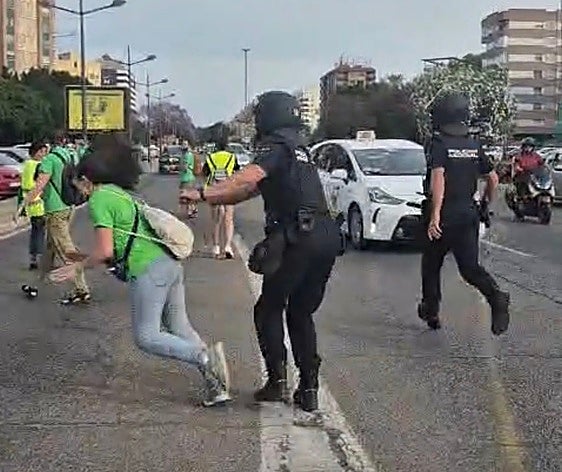 Moment riot policeman shoves retired teacher, 68, to the ground at Spanish protest, sparking internal probe
