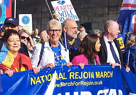 Imagen secundaria 1 - Sue with former British Ambassador in Spain Hugh Elliott and Lisa Burton, Bremain VC; at a national Rejoin march in London; with Terry Reintke MEP at the European Parliament