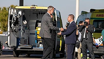 Castilla-La Mancha regional president Emiliano García-Page greets King Felipe VI upon his arrival at Toledo University Hospital to visit victims of the train crash