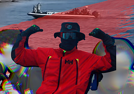 In the centre, a pilot poses on the drug-smuggling speedboat. To the left and right, two minors on the journey to Almería.