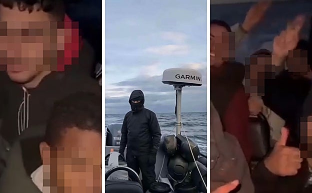 Migrants on a drug-smuggling boat, filmed by a member of a criminal gang. In the centre, a pilot is covering his face.