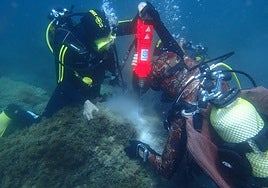 A photograph showing the installation of one of the buoys in the Maro-Cerro Gordo area.