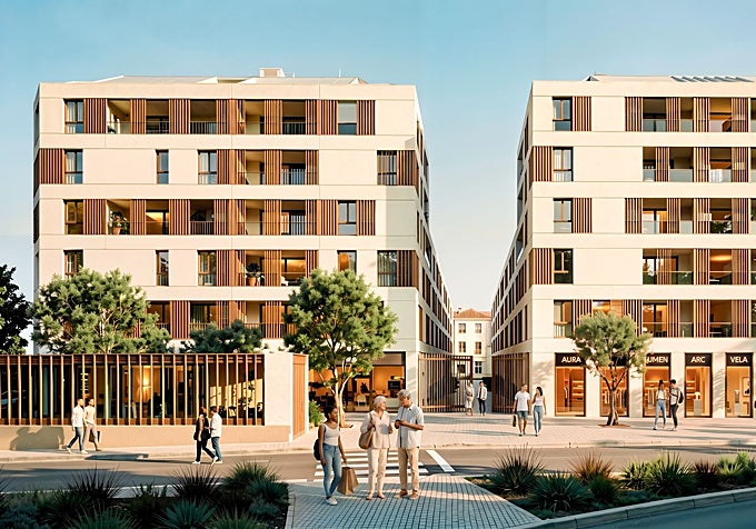 The façade of the residential buildings facing Callejones del Perchel.