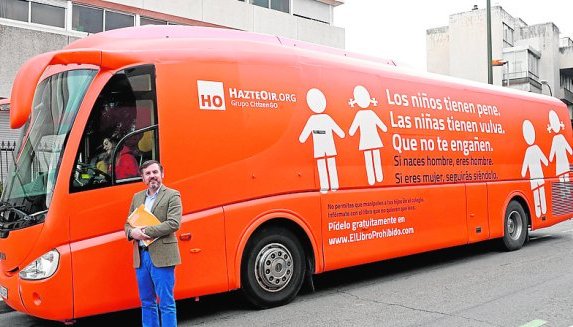 The bus with explicit messages pictured before it was banned.