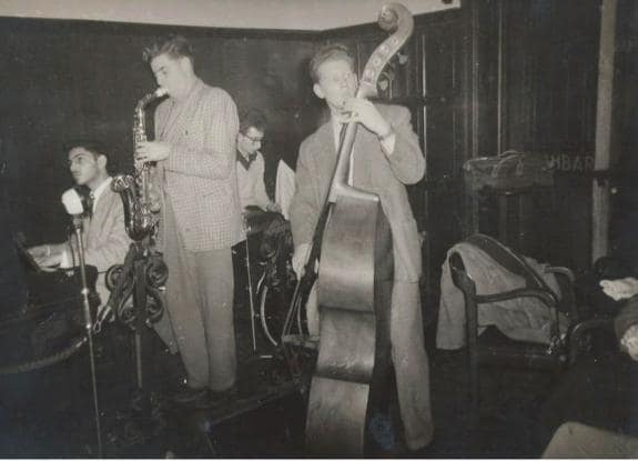 A teenage Brian on the double bass with a band in London.