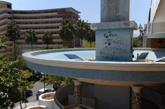 Vandalism on a fountain in central Marbella.