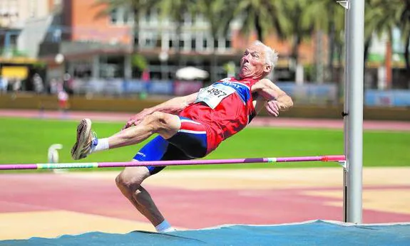 Norwegian high jumper Knut Henrik Skramstad competes in the 80 to 84-year-old category.
