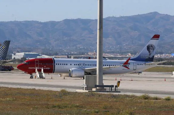 The grounded Boeing 737 Max 8 at Malaga Airport on Wednesday.