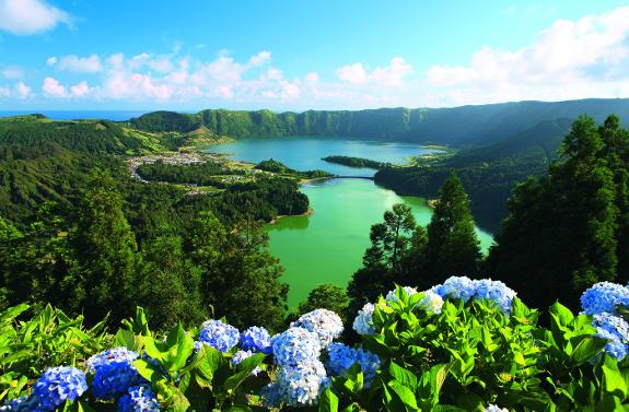 The beautiful Sete Cidades lagoons, one green and one blue.