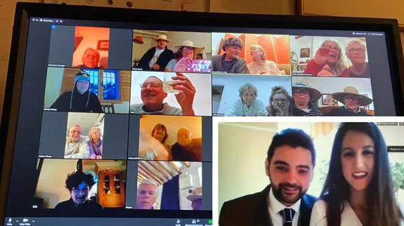 Above, some of Periana’s foreign residents met up via Zoom last Friday, and right, the online wedding.