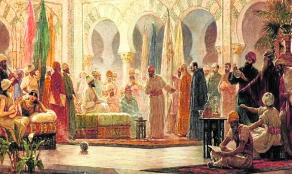 A scene from a painting by Dionis Baixeras showing Jewish doctor Hasdai ibn Shaprut at the court of Abd al-Rahman III.