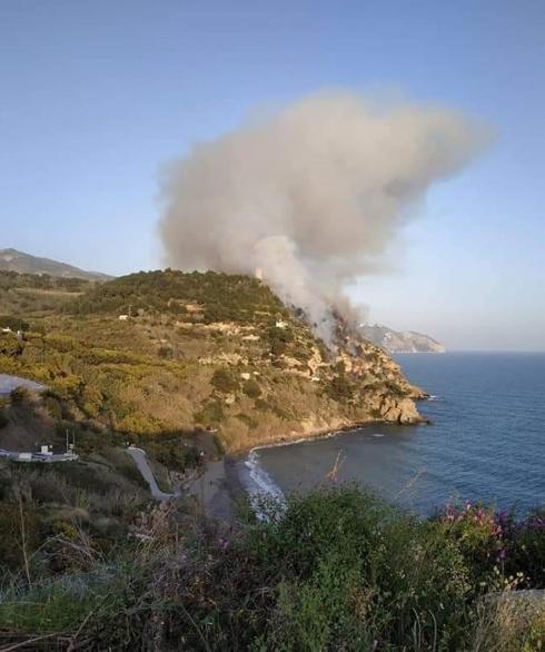 A plume of smoke rising from the Maro cliffs area, near Nerja, where the fire broke out. 
