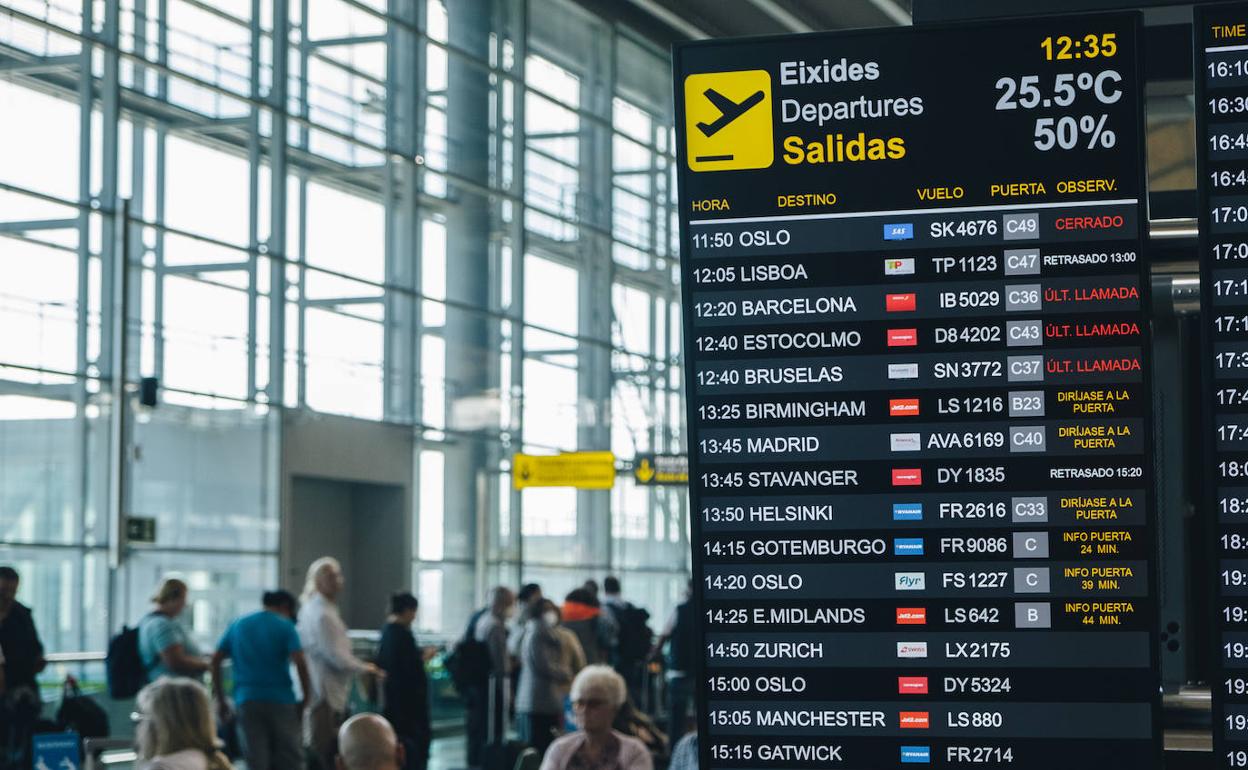 Panel luminoso con decenas de vuelos internacionales en el Aeropuerto