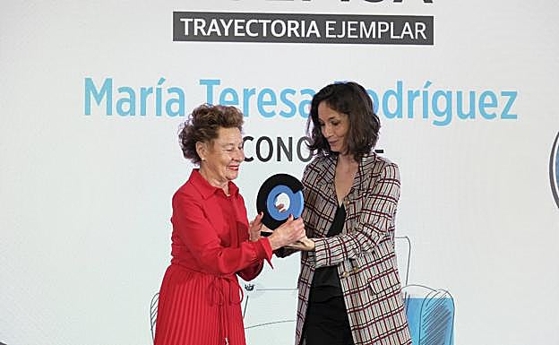 María Teresa Rodríguez recibe el premio de de Economía de manos de María Gómez, directora de Comunicación de AENA
