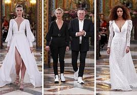 Hannibal Laguna, con alguna de las creaciones nupciales presentadas esta semana en Madrid.