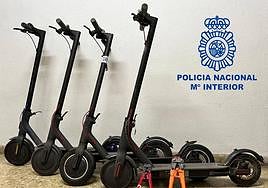 Patinetes y herramientas recuperados por la Policía Nacional.