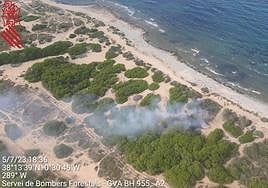 Imagen del incendio que ha calcinado 3 kilómetros de pinada en la playa del Carabassi.