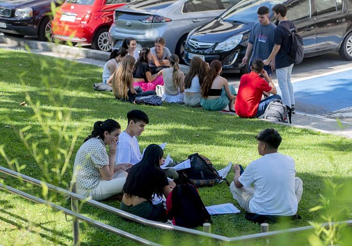 Estudiantes en el parque repasan los apuntes.