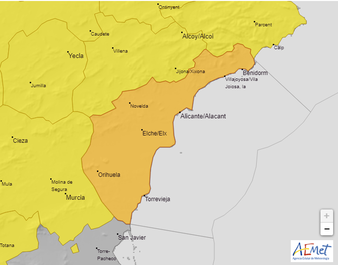 Aviso naranja previsto para la Aemet este lunes.