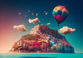 Alicante flotante con el castillo de Santa Bárbara sobre la ciudad, creada con la IA.