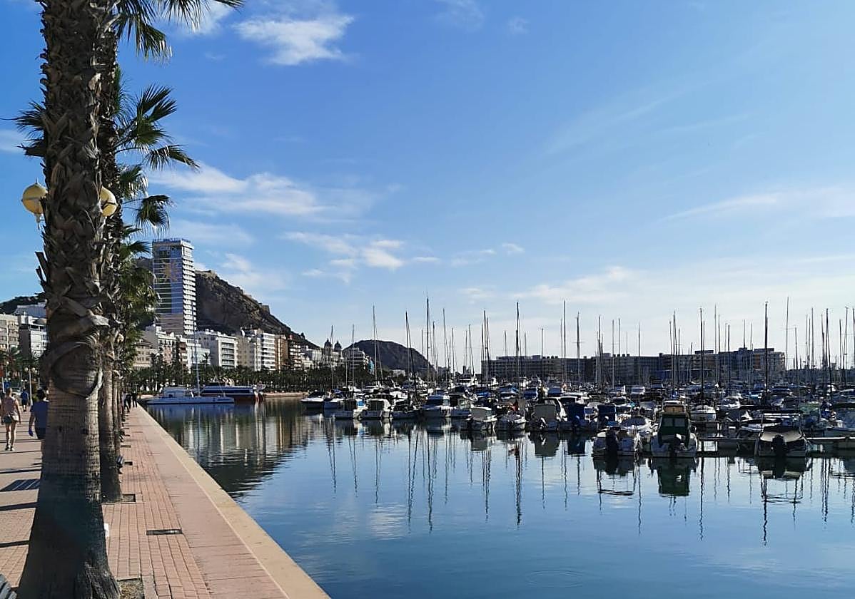 El puerto de Alicante amanece con un sol radiante.