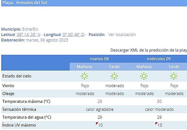 Estado de la playa de Arenales del Sol.